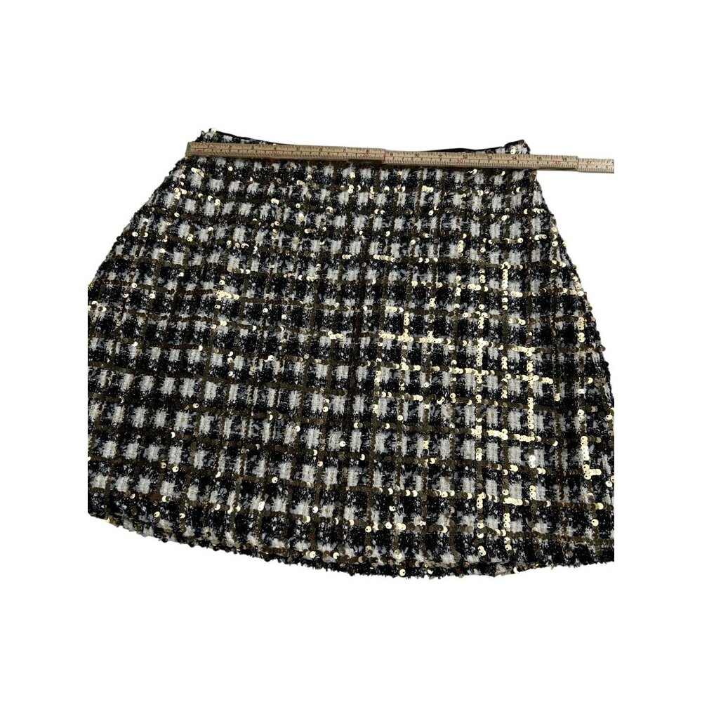 Lulus Black & Gold Sequin Plaid Mini Skirt M Side Zip Polyester Rayon - Picture 6 of 10